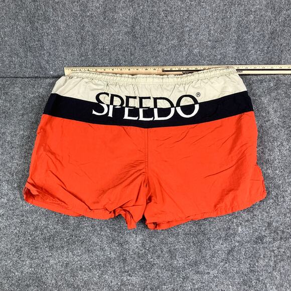 Speedo Swim Trunks Mens XL Red Beige Black Mesh Lined Colorblock Logo Shorts - Picture 1 of 9